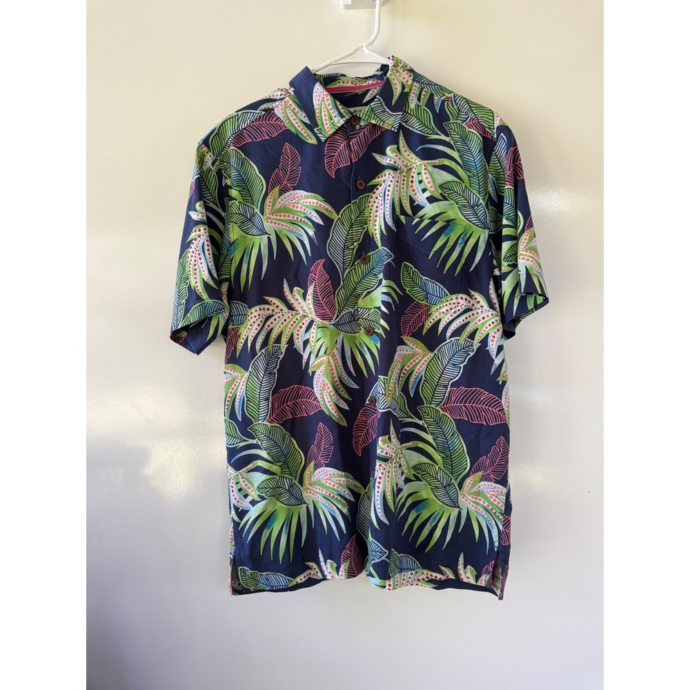 Tommy Bahama Mens Silk Blend Hawaiian Shirt IslandZone Navy Tropical Medium Flaw